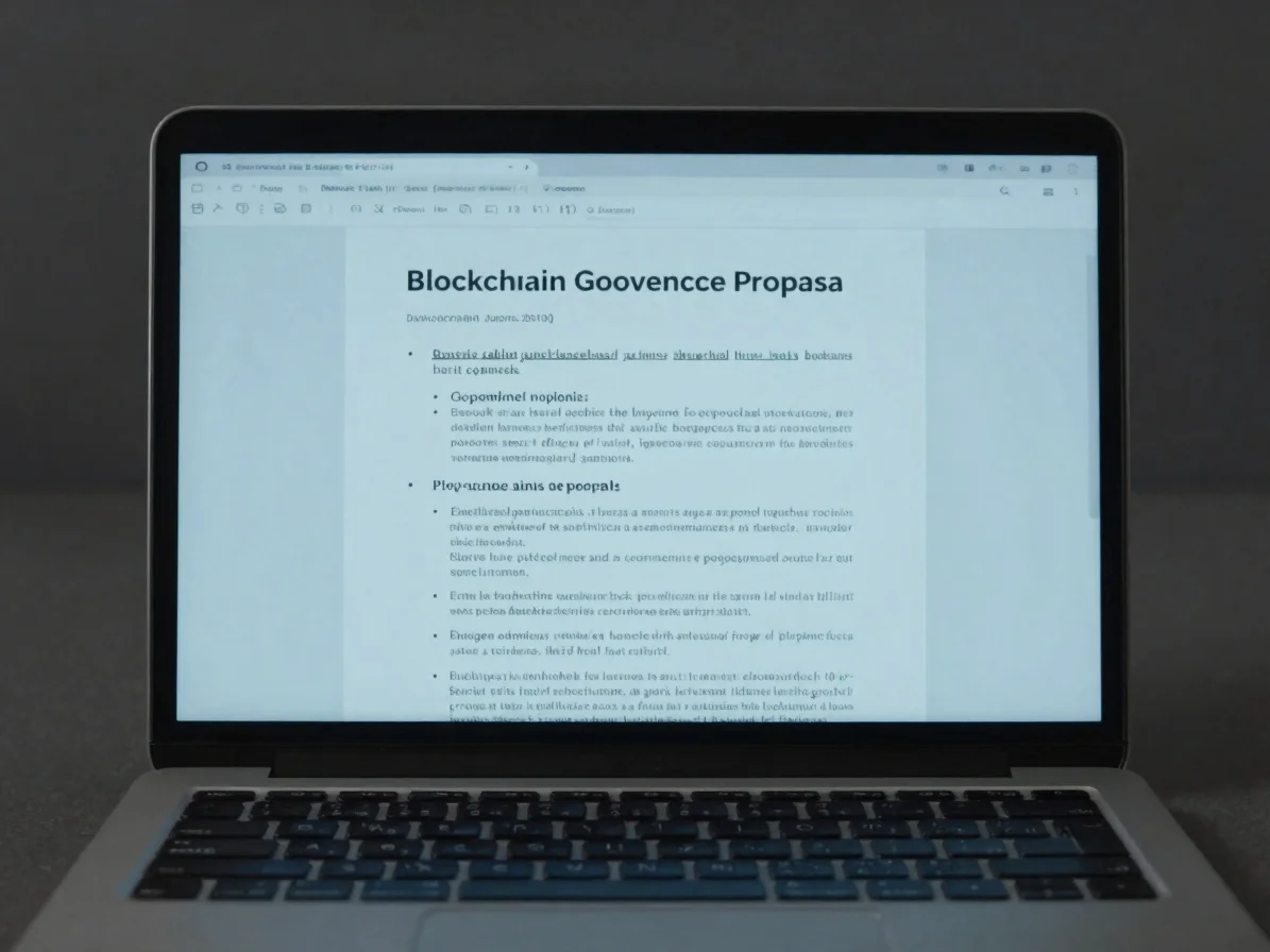 Editorial close-up of a laptop screen displaying a blockchain gov