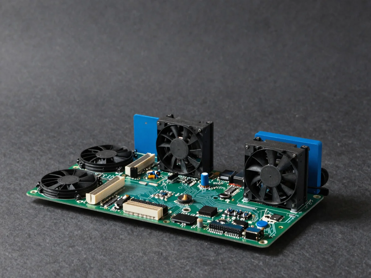 Editorial still life of a mining rig's circuit boards and cooling