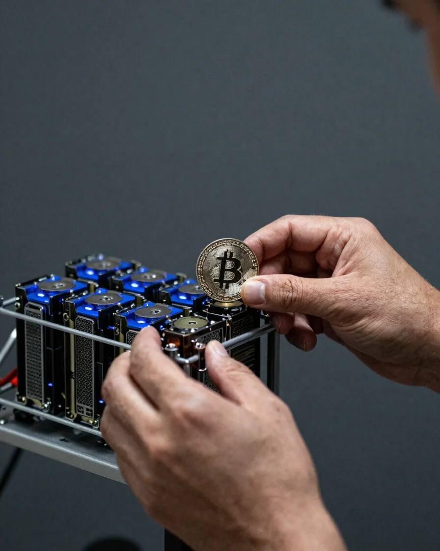 Editorial close-up of a technician's hands inspecting a cryptocurrency mining rig, soft directional studio light, charco