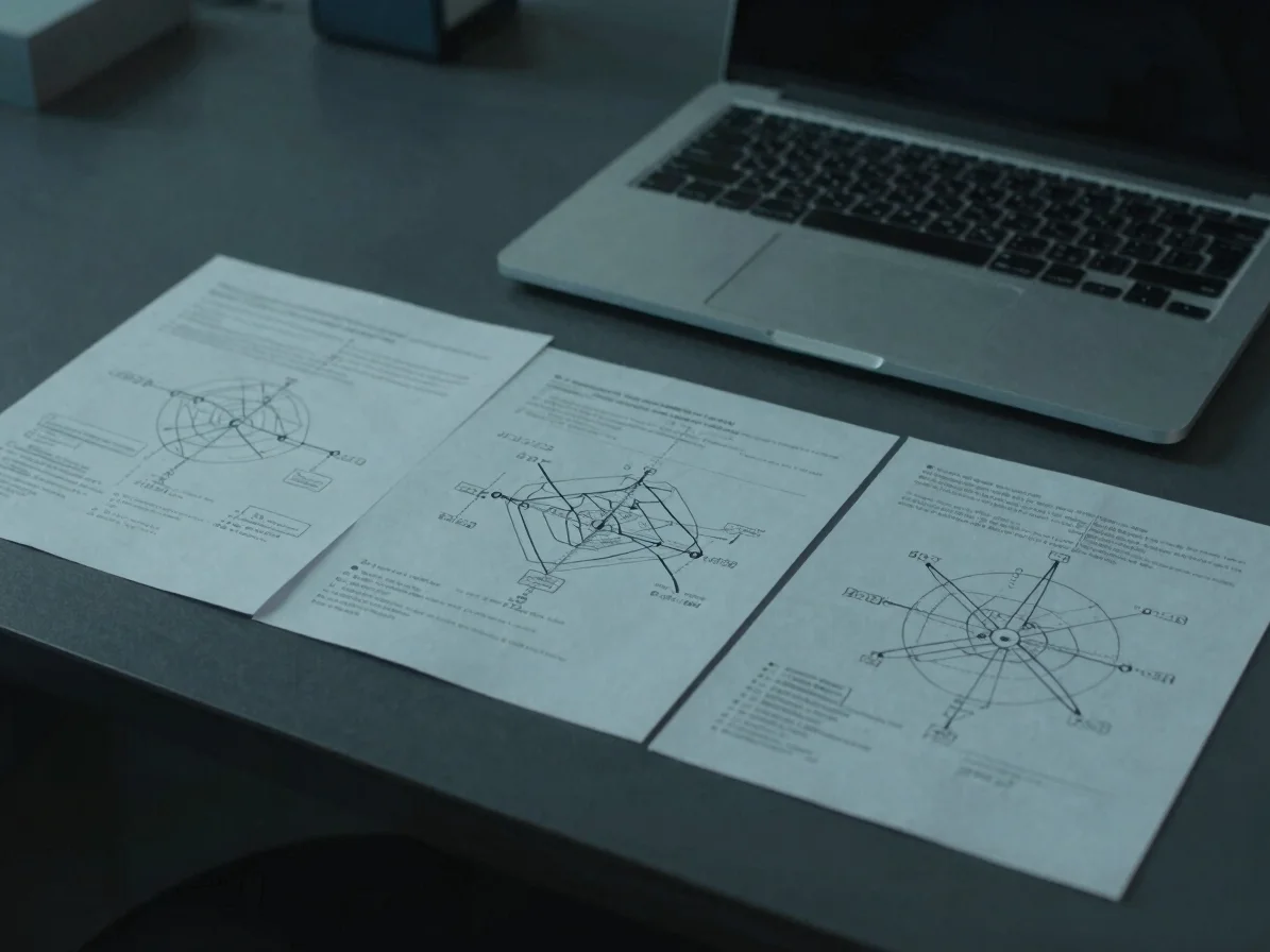 Considered environmental view of a research desk with printed net
