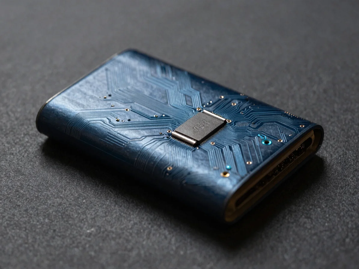 Editorial close-up of a hardware wallet beside a circuit-board de